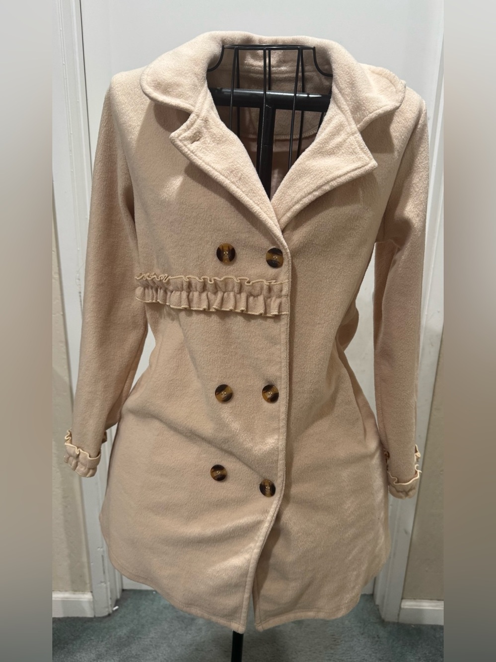 Girl Cream Double-Breasted Ruffle Wool-Blend Coat